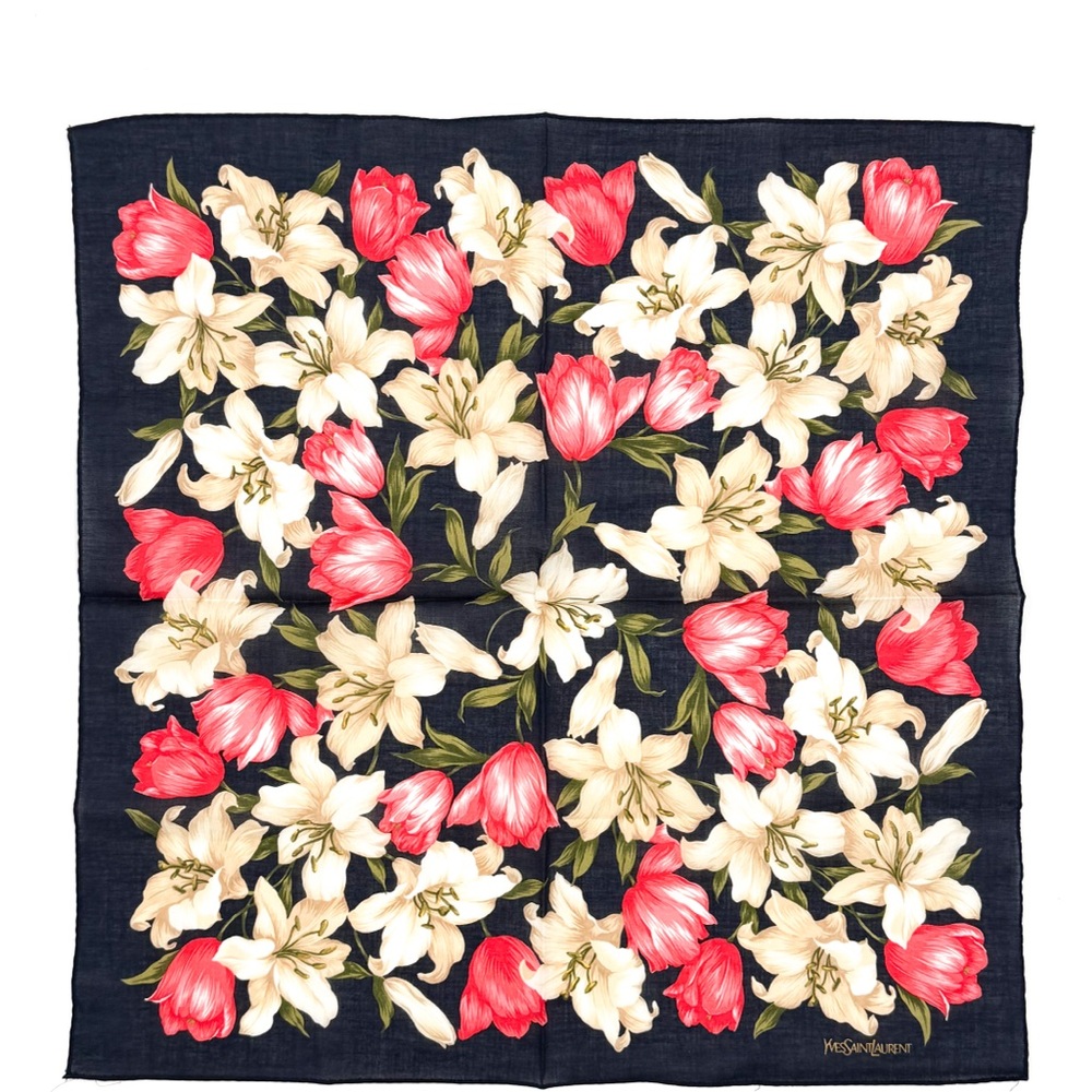 YSL Navy Floral Cotton Scarf with Pink and White Flowers